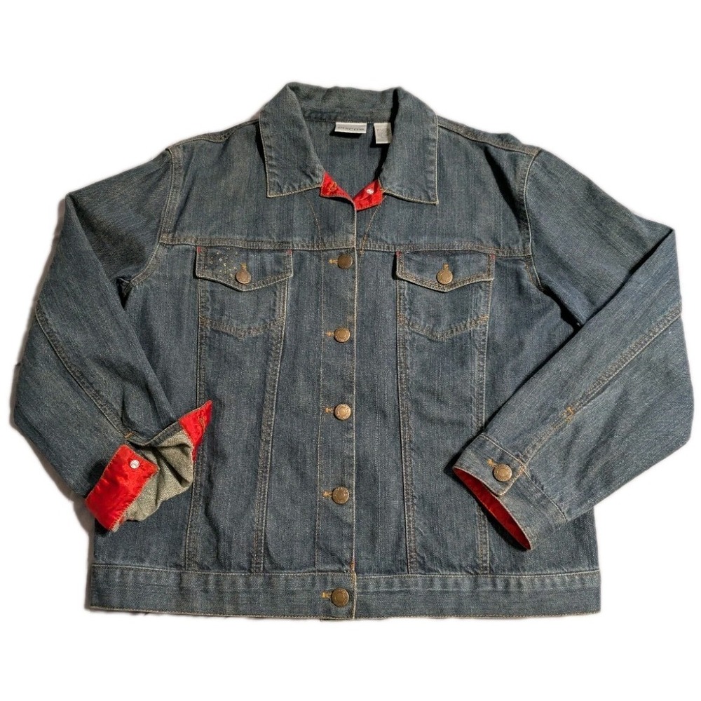 Chicos Embellished Denim Jacket Womens Size 1 Blue Sequin Embroidered Bling